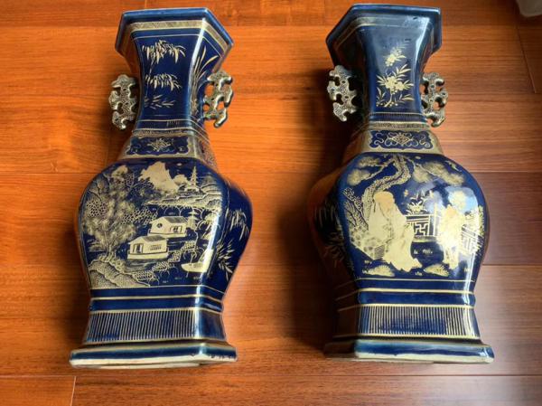 清中期霁蓝釉描金山水纹六方双耳瓶鉴定、估价-唐珍收藏
