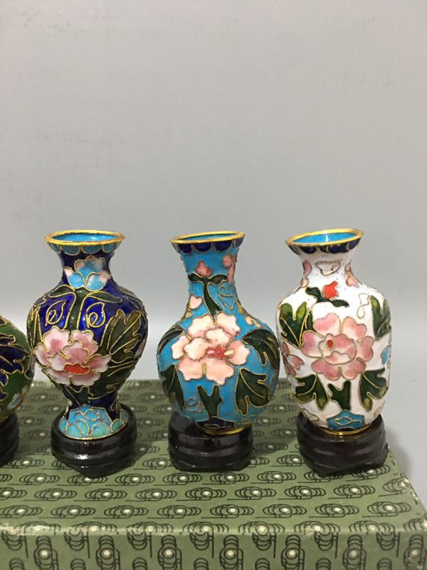 1053 中国 景泰藍 七宝 琺瑯 花瓶 2客 時代物 - 工芸品
