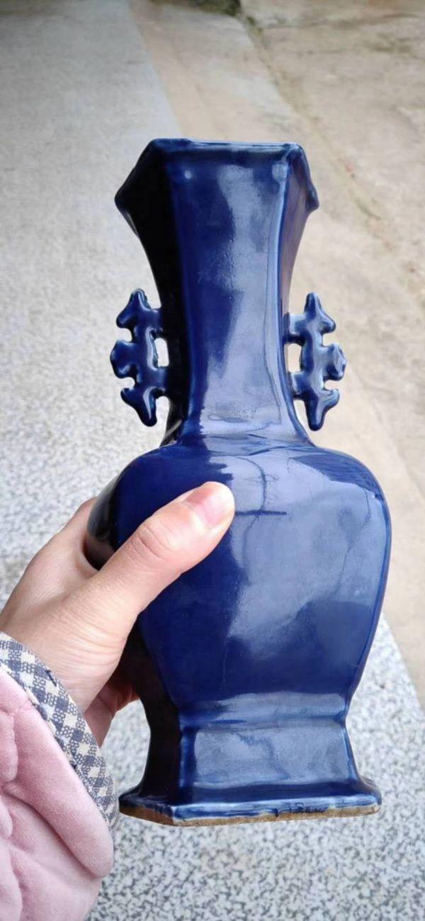清中期清乾隆霁蓝釉双耳六方瓶一对鉴定、估价-唐珍收藏
