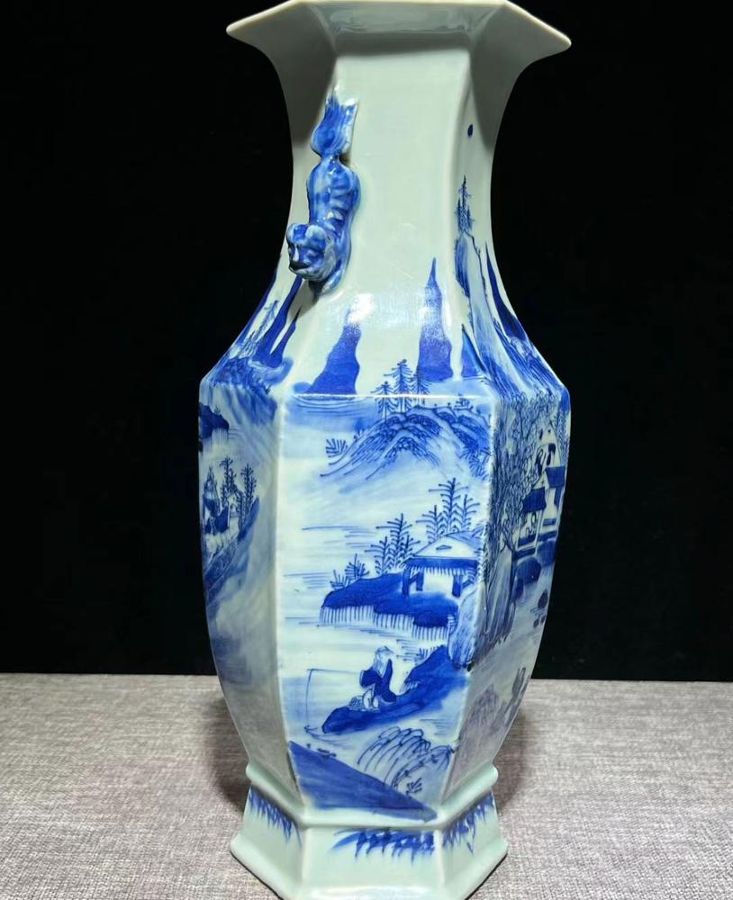 5年保証 中国 青花 山水人物文瓶 唐木蓋付 M 2836B - 美術品