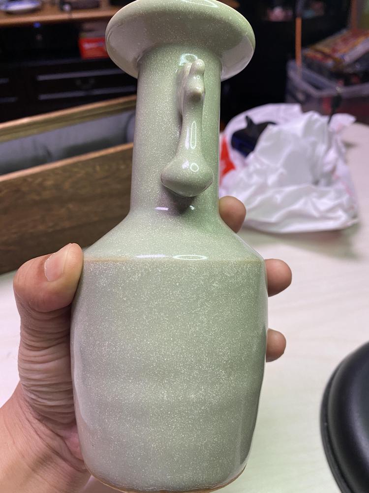 中国　龍泉窯　粉青釉　双魚耳瓶　C　R3568
